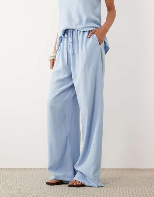 ASOS DESIGN - Pantalones azules de pernera ancha sin cierres de mezcla de lino (parte de un conjunto), 2 de 5