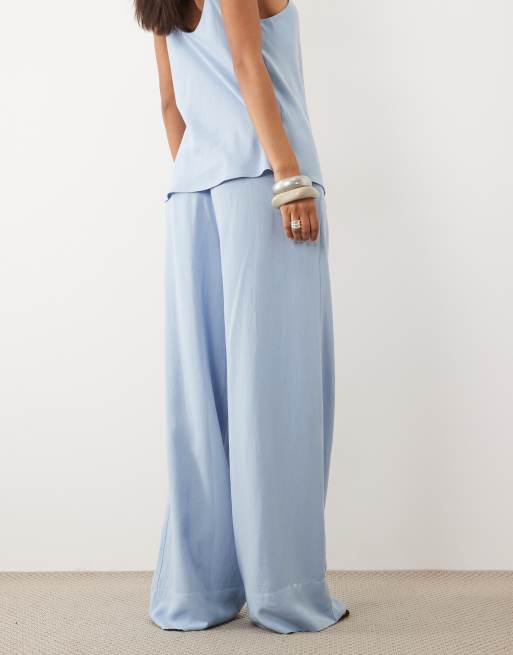 ASOS DESIGN - Pantalones azules de pernera ancha sin cierres de mezcla de lino (parte de un conjunto), 5 de 5