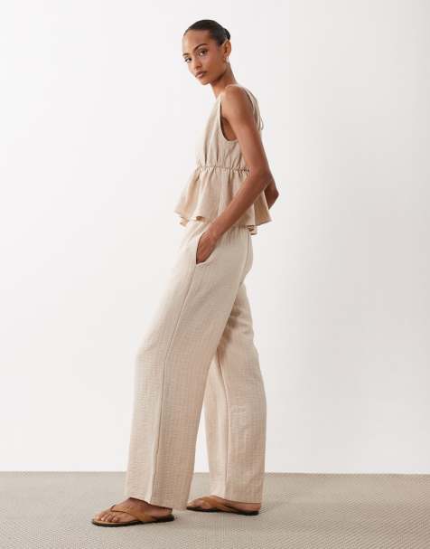 ASOS DESIGN - Pantalones beis a rayas sin cierres de tejido efecto lino (parte de un conjunto) - view 1