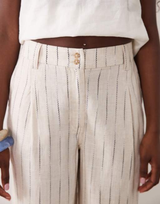 ASOS DESIGN - Pantalones beis de pernera ancha con pinzas a rayas de mezcla de lino, 3 de 5