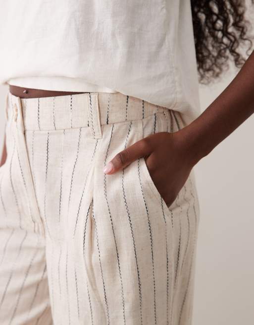 ASOS DESIGN - Pantalones beis de pernera ancha con pinzas a rayas de mezcla de lino, 4 de 5