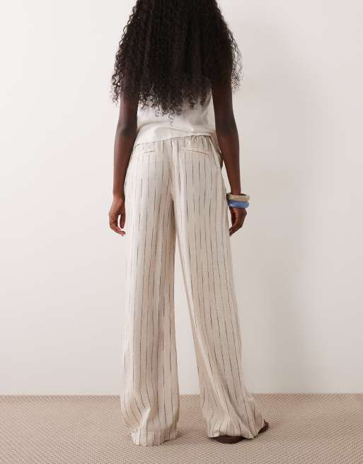 ASOS DESIGN - Pantalones beis de pernera ancha con pinzas a rayas de mezcla de lino, 5 de 5