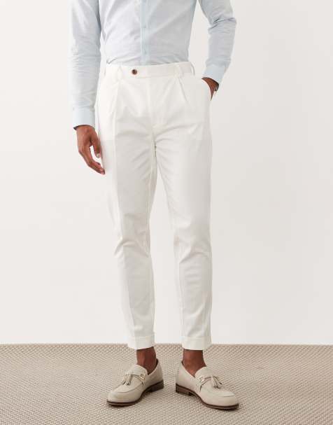 ASOS DESIGN - Pantalones chinos de sastre blancos de corte tapered con bajos vueltos de tejido rico en algodón - view 1