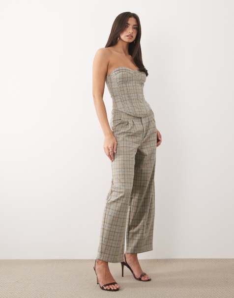 ASOS DESIGN - Pantalones color piedra a cuadros de pernera barrel de tejido cepillado (parte de un conjunto) - view 1