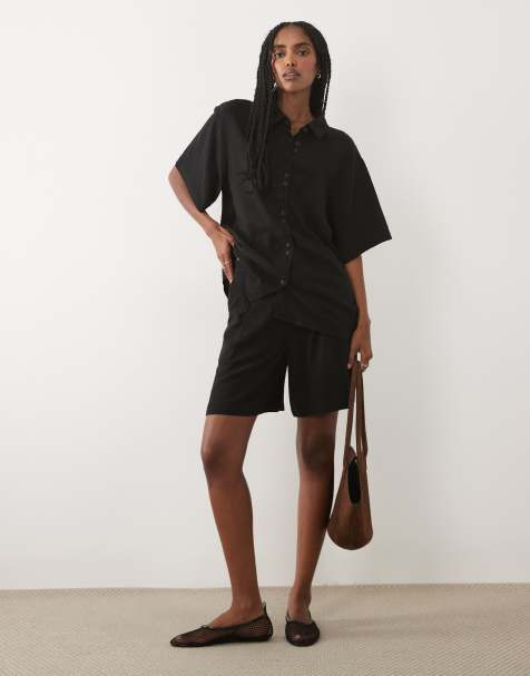 ASOS DESIGN - Pantalones cortos dad negros holgados de tejido efecto lino - view 1