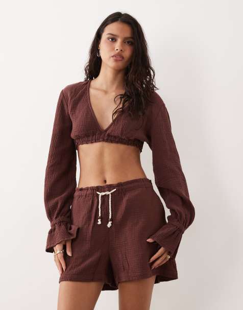 ASOS DESIGN - Pantalones cortos morado ciruela sin cierres de bambula con cinturón de cordón (parte de un conjunto) - view 1