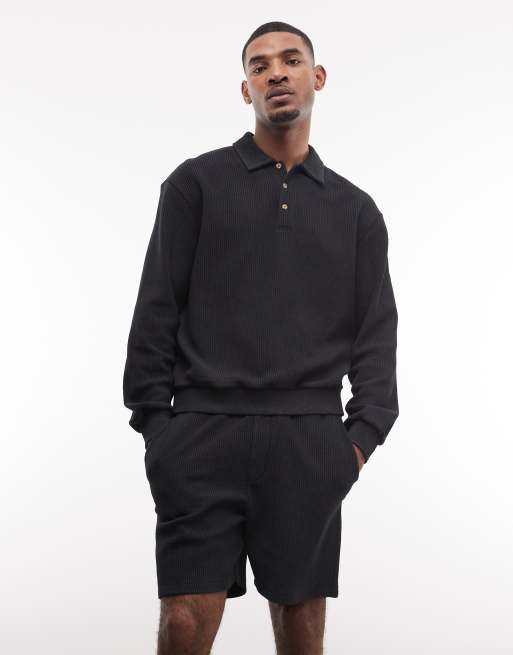 Conjunto negro lavado de pantalones cortos y polo holgado de punto acanalado de ASOS DESIGN, 3 de 3