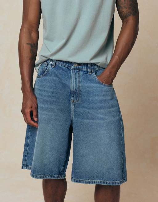 ASOS DESIGN - Pantalones cortos vaqueros azules de corte alargado suelto con lavado medio , 4 de 5