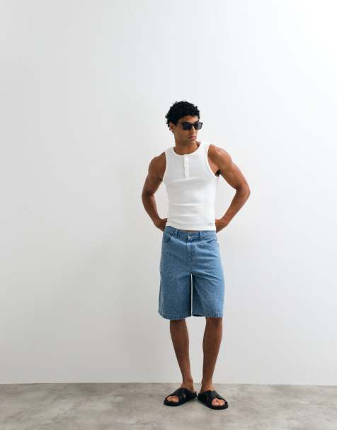 ASOS DESIGN - Pantalones cortos vaqueros azules de corte suelto alargado con lavado medio de tejido texturizado - view 1