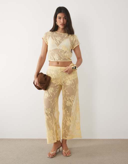 ASOS DESIGN - Pantalones de campana amarillos de encaje floral de croché (parte de un conjunto), 2 de 5
