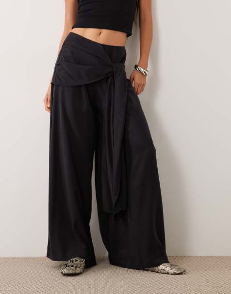 ASOS DESIGN pantalones de pernera ancha con detalle de pañuelo en negro - view 1