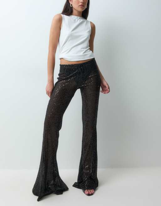 ASOS DESIGN pantalones de pernera ancha de lentejuelas en negro, 3 de 5