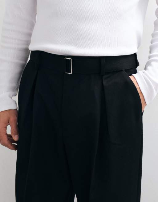 ASOS DESIGN pantalones de pernera ancha de sastre con cinturón negros, 2 de 5