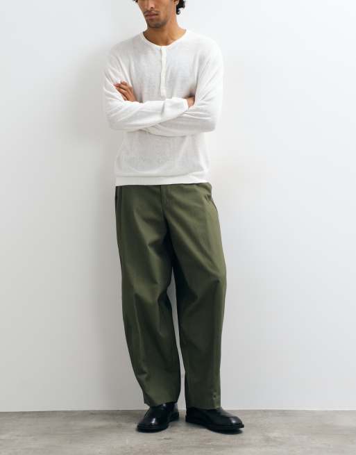 ASOS DESIGN pantalones de pernera ancha y corte barrel de algodón grueso en verde oliva, 2 de 5