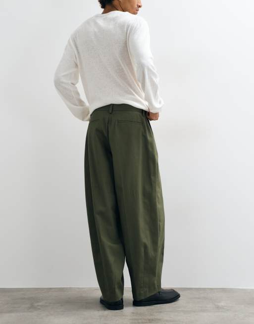 ASOS DESIGN pantalones de pernera ancha y corte barrel de algodón grueso en verde oliva, 3 de 5