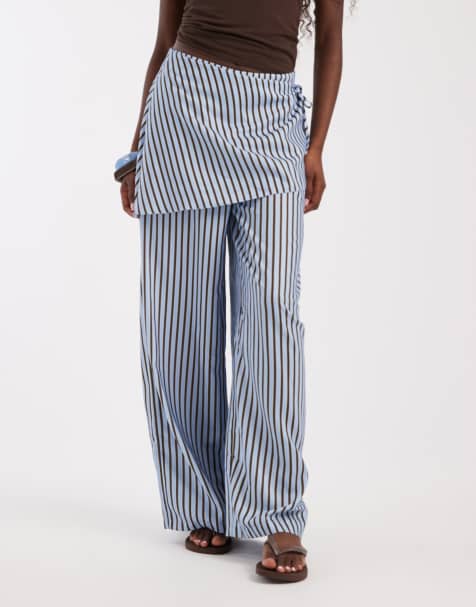 ASOS DESIGN - pantalones de pernera recta con detalle de falda efecto lino a rayas marrones y azules - view 1