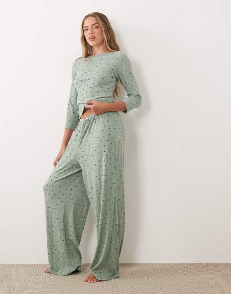 ASOS DESIGN - Pantalones de pijama verdes con estampado de lunares de punto pointelle Mix & Match - view 1