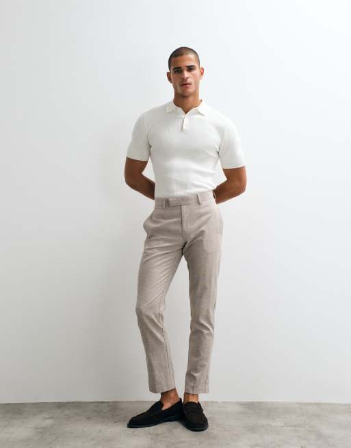 ASOS DESIGN - Pantalones de sastre beis de corte slim de tejido microtexturizado rico en lino, 2 de 5