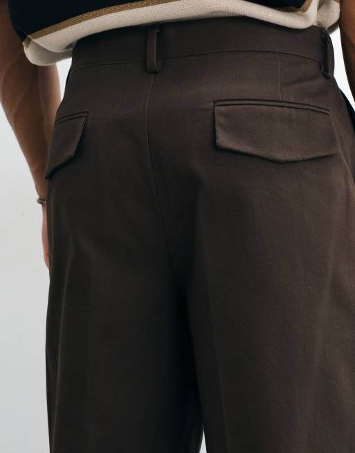 ASOS DESIGN pantalones de sastre de pernera ancha de tejido grueso en marrón de 100 % algodón, 2 de 5