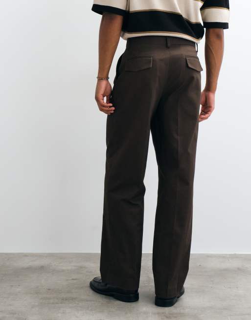 ASOS DESIGN pantalones de sastre de pernera ancha de tejido grueso en marrón de 100 % algodón, 5 de 5