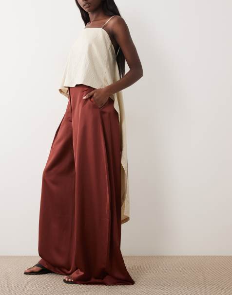 ASOS DESIGN - Pantalones de sastre marrón chocolate de pernera ancha de satén - view 1