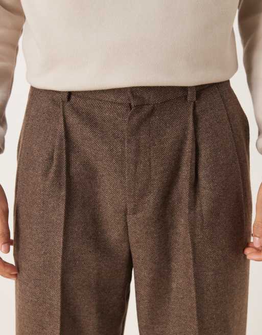 ASOS DESIGN - Pantalones de sastre marrones de pernera ancha con pinzas dobles de mezcla de lana, 4 de 5