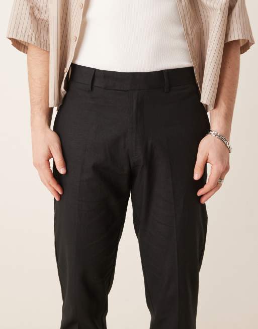 ASOS DESIGN - Pantalones de sastre negros de corte slim de mezcla de lino, 4 de 5