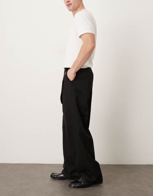 ASOS DESIGN - Pantalones de sastre negros de pernera ancha con pinzas dobles y detalle de cinturón, 3 de 5