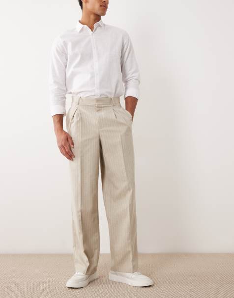 ASOS DESIGN - pantalones de traje anchos con pinzas de lino en raya diplomática piedra - view 1