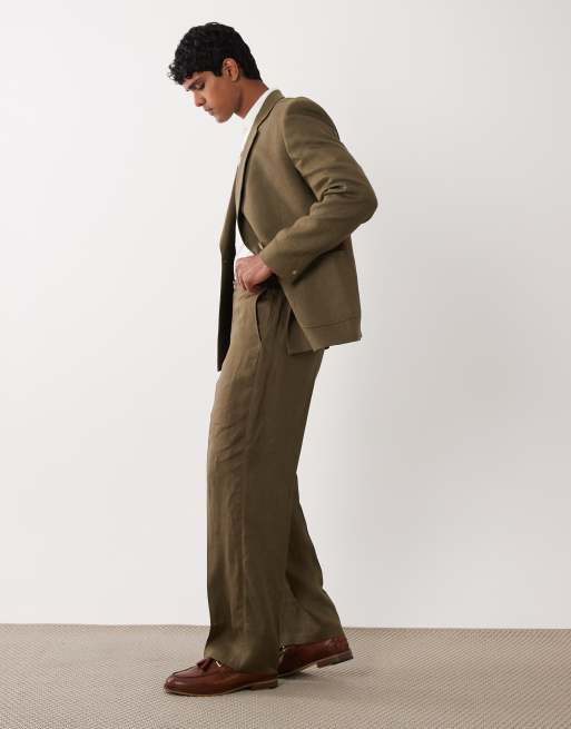 ASOS DESIGN - Pantalones de traje verde oliva de corte ancho de 100% lino premium, 3 de 5
