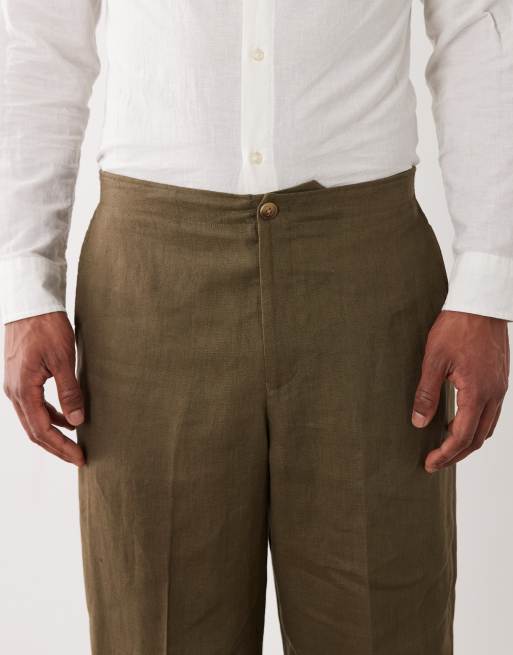 ASOS DESIGN - Pantalones de traje verde oliva de corte ancho de 100% lino premium, 4 de 5