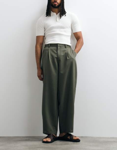 ASOS DESIGN pantalones de vestir de pernera barrel ancha con pinzas en verde oliva - view 1