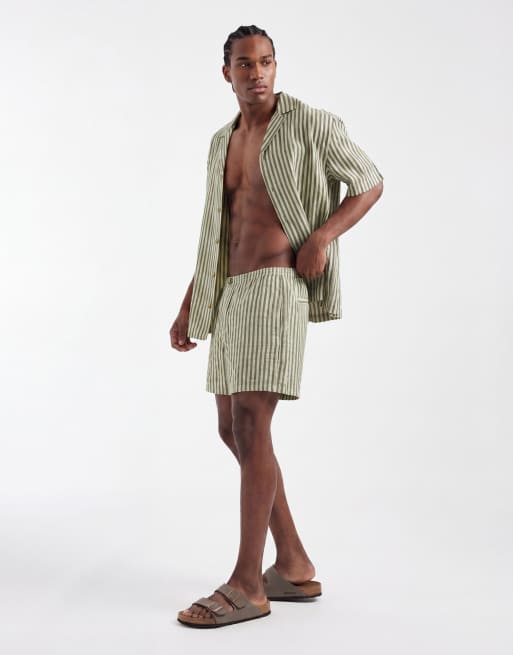 ASOS DESIGN - Pantalones muy cortos a rayas verdes de corte ancho (parte de un conjunto), 3 de 5