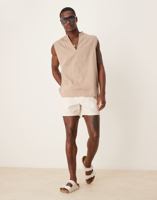 ASOS DESIGN - Pantalones muy cortos color piedra de corte slim suelto de mezcla de lino