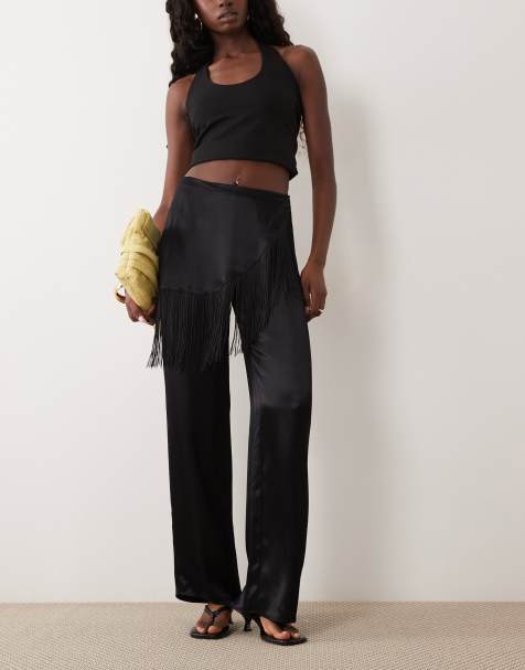ASOS DESIGN - Pantalones negros de pernera ancha con detalle cruzado con flecos de satén - view 1