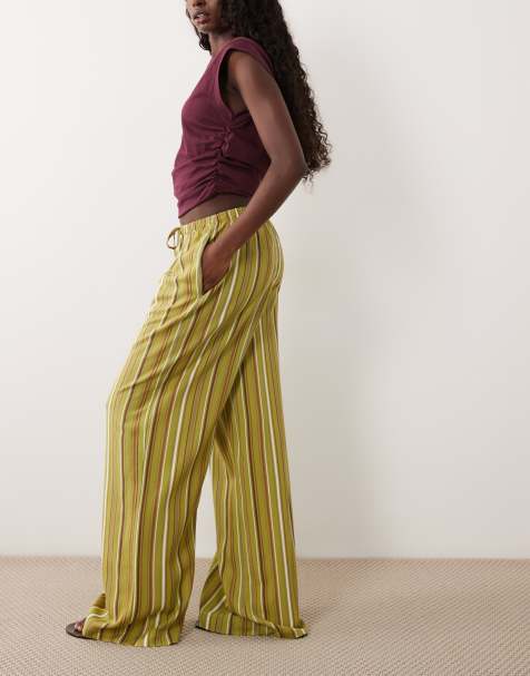 ASOS DESIGN - Pantalones verdes a rayas de pernera ancha sin cierres con bajo ancho de mezcla de lino - view 1