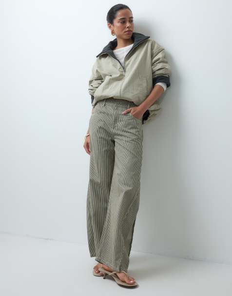 ASOS DESIGN - Pantaloni a cavallo basso kaki a righe con linguetta in vita - view 1