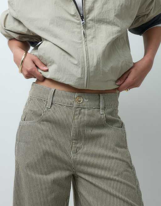 ASOS DESIGN - Pantaloni a cavallo basso kaki a righe con linguetta in vita, 5 di 5