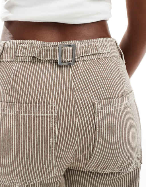 ASOS DESIGN - Pantaloni a cavallo basso marroni a righe con linguetta in vita, 4 di 5