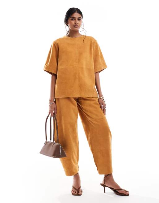 ASOS DESIGN - Pantaloni a cilindro in camoscio color zenzero in coordinato