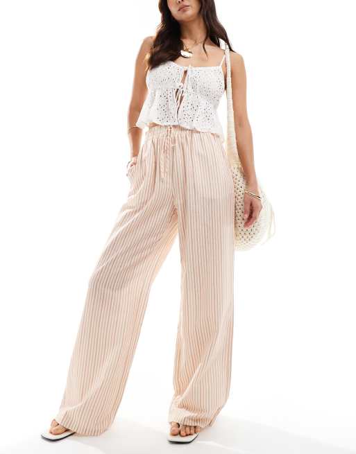 ASOS DESIGN - Pantaloni a fondo ampio allacciati in vita color crema a righe marroni in misto lino