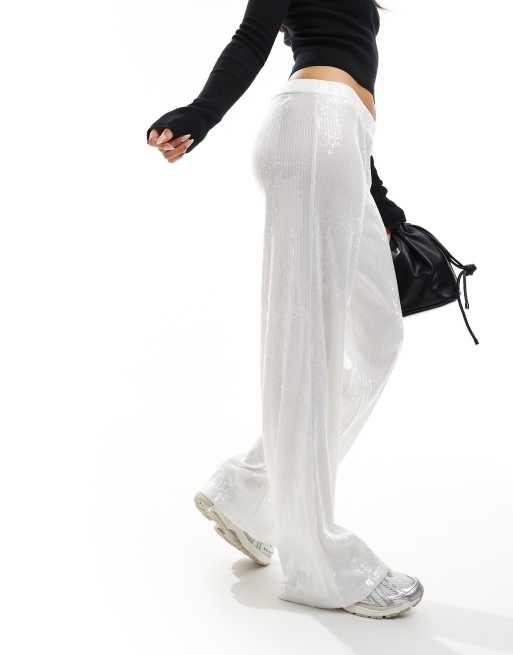 ASOS DESIGN - Pantaloni a fondo ampio bianchi con paillettes trasparenti, 4 di 5