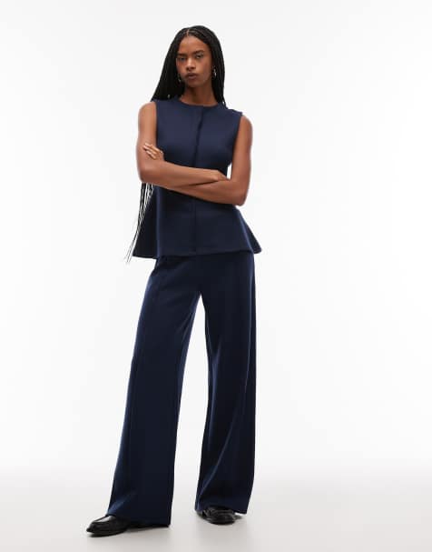 ASOS DESIGN - Pantaloni a fondo ampio blu navy morbidissimi con cuciture a vista - view 1