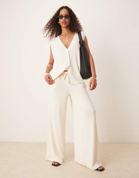 ASOS DESIGN - Pantaloni a fondo ampio color crema in maglia testurizzata - view 1