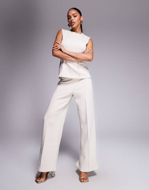 ASOS DESIGN - Pantaloni a fondo ampio color crema morbidi con cuciture a vista in coordinato