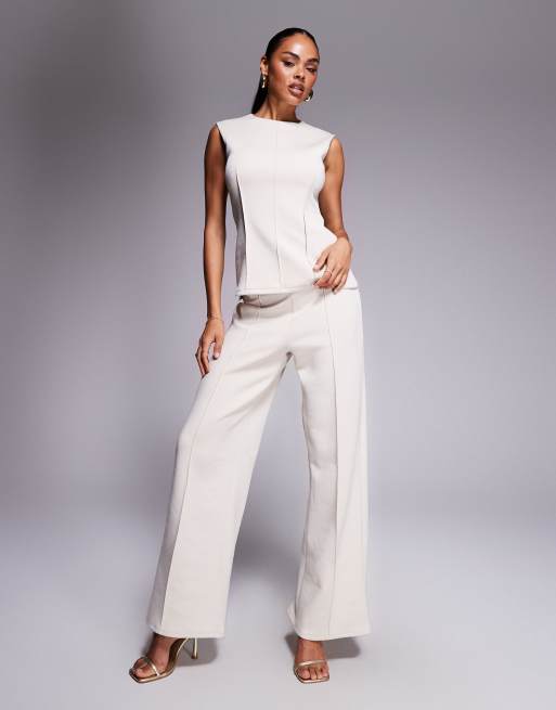 ASOS DESIGN - Pantaloni a fondo ampio color crema morbidi con cuciture a vista in coordinato