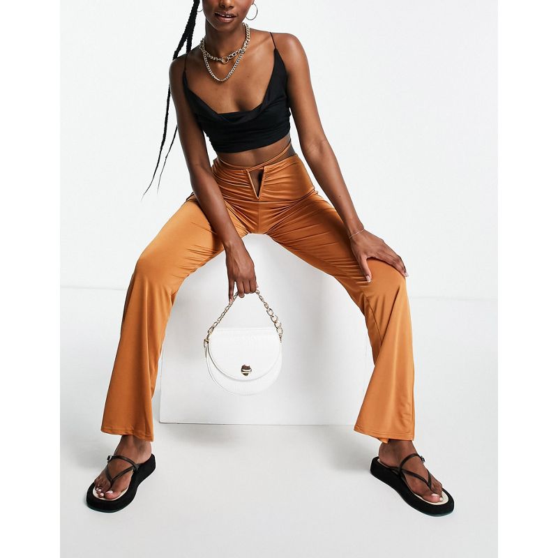 Donna PJflz DESIGN - Pantaloni a fondo ampio color terracotta allacciati in vita con apertura a goccia