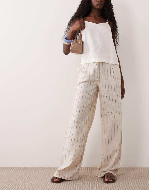 ASOS DESIGN - Pantaloni a fondo ampio con pieghe in misto lino colore neutro a righe, 1 di 5