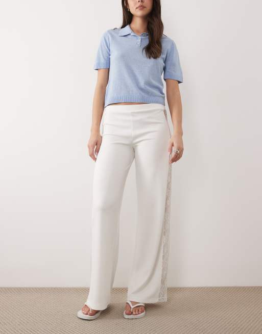 ASOS DESIGN - Pantaloni a fondo ampio crema con pannello in pizzo, 2 di 5
