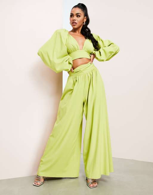 ASOS DESIGN - Pantaloni a fondo ampio effetto lino color giallo lime, 4 di 4